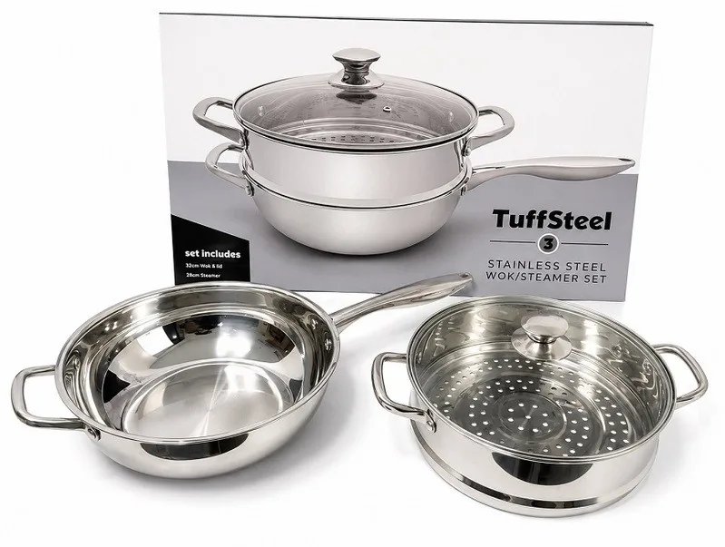 Wok & Steamer Set 30 cm Dia.with Glass Lid - 3pc Set